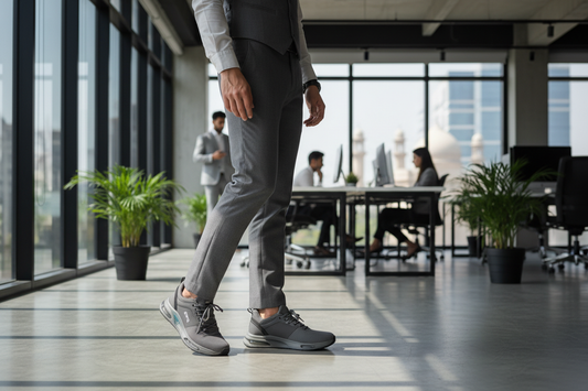 Best comfortable shoes for standing all day in Pakistan workplace showing supportive sneakers on hard floor