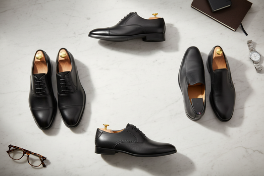 Clarks vs Hush Puppies formal shoe comparison — black leather dress shoes on marble surface