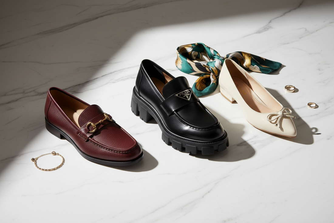  Gucci, Prada, and Aldo luxury shoes arranged on a white marble surface for an editorial luxury look feature