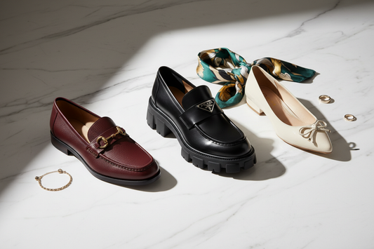  Gucci, Prada, and Aldo luxury shoes arranged on a white marble surface for an editorial luxury look feature