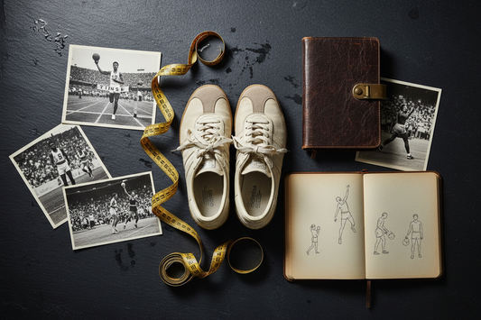 Editorial flat lay of vintage athletic shoes, archival sports photographs and a leather journal representing the storied history of Adidas