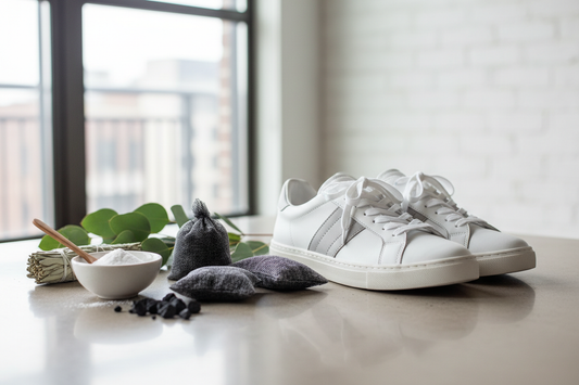 Clean sneakers with natural deodorizing materials including baking soda and charcoal pouches on bright surface