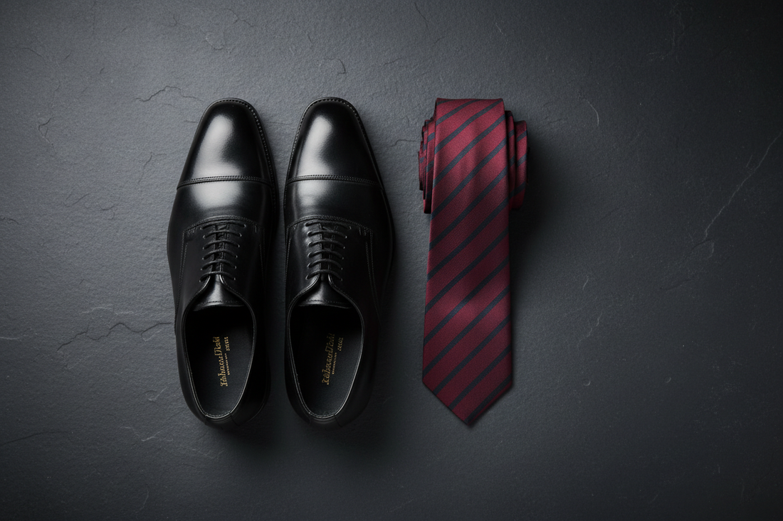 Black leather oxford shoes paired with a burgundy diagonal stripe silk tie on a dark surface