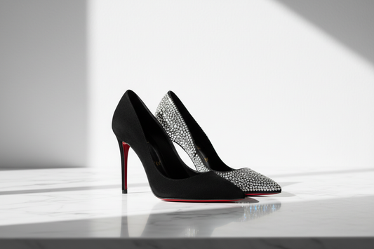 Jimmy Choo and Christian Louboutin luxury high heels on white marble surface editorial hero shot