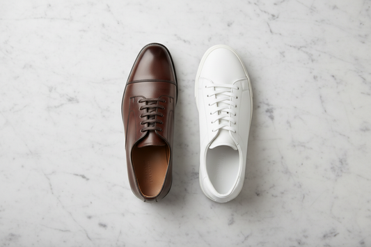  Overhead flat lay of a polished brown oxford leather shoe and a white minimalist sneaker on a white marble surface