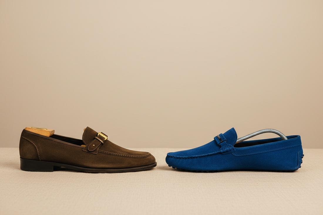 Side by side comparison of a structured dark brown suede loafer and a relaxed blue suede driving moccasin for smart casual outfits