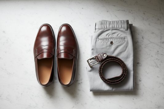 A pair of polished brown leather penny loafers on a marble surface beside folded chinos, shot in natural light