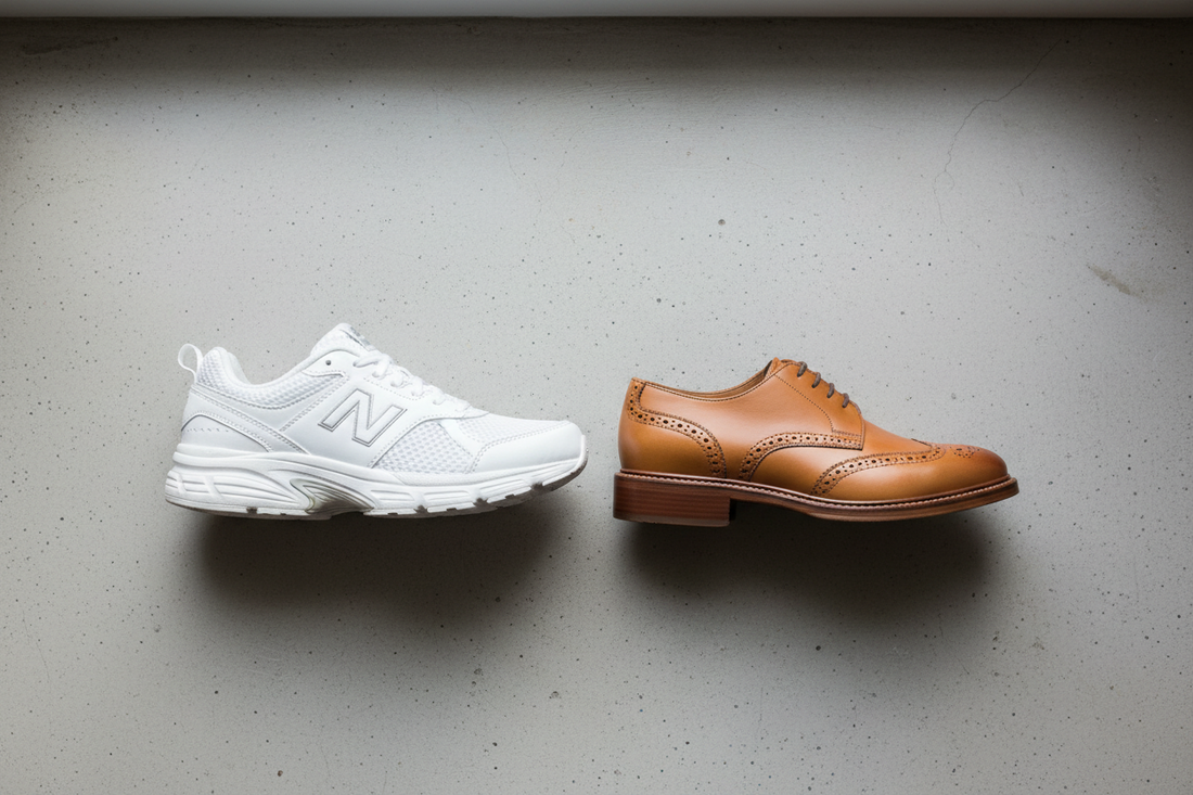  New Balance sneaker and Clarks leather shoe placed side by side on a grey concrete surface