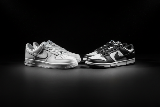 Nike Air Force 1 and Nike Dunk sneakers side by side on a dark surface with dramatic studio lighting