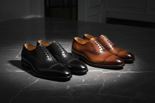 Black Oxford and brown Derby shoes placed side by side on a dark marble surface with dramatic studio lighting