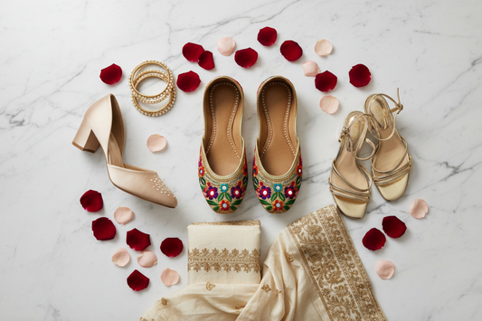 Flat lay of Pakistani wedding shoes including khussa, gold sandal, and block heel with rose petals and dupatta