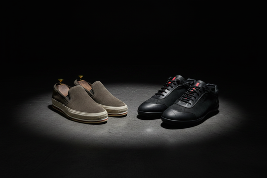 Prada Men's Espadrille Shoes and Nylon Spazzola Sneakers dramatically lit with spotlight on dark charcoal surface in a moody editorial composition
