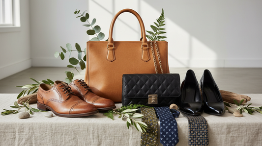 Elegant arrangement of preloved fashion items including designer handbags, leather shoes, and silk ties with green plants representing the future of sustainable shopping