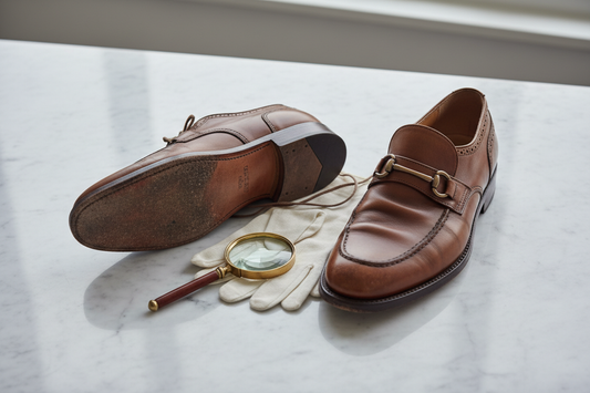 Flat lay of two preloved shoes on a marble surface with one flipped to show sole for inspection
