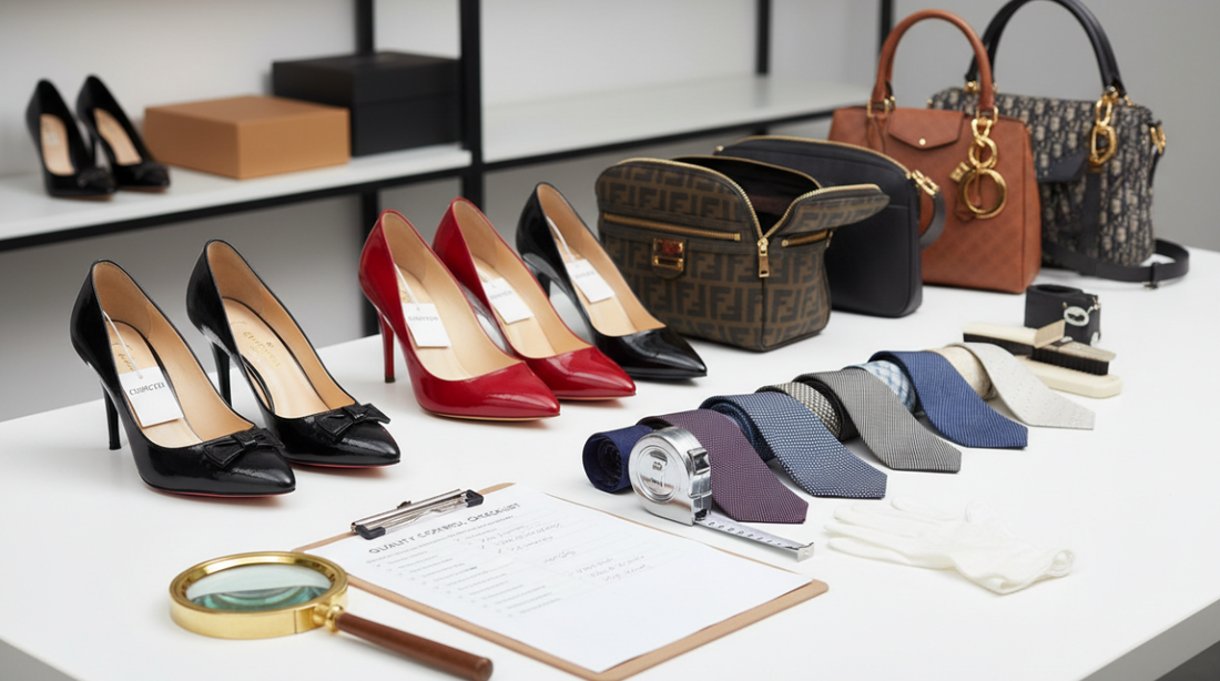 Quality assurance workspace showing preloved designer shoes silk ties and leather bags with inspection tools and checklist
