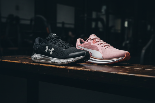 Under Armour Charged Rogue 2 and Puma Twitch Runner training shoes on a gym bench under moody spotlight lighting