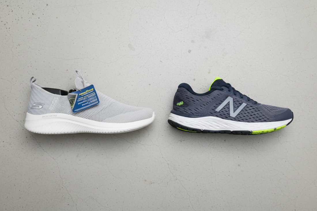 Skechers slip-in and New Balance 680 sneakers placed side by side on a concrete surface for a comfort comparison