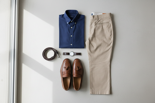 Men's smart casual preloved clothing essentials including oxford shirt, chinos, leather loafers and belt arranged on neutral background