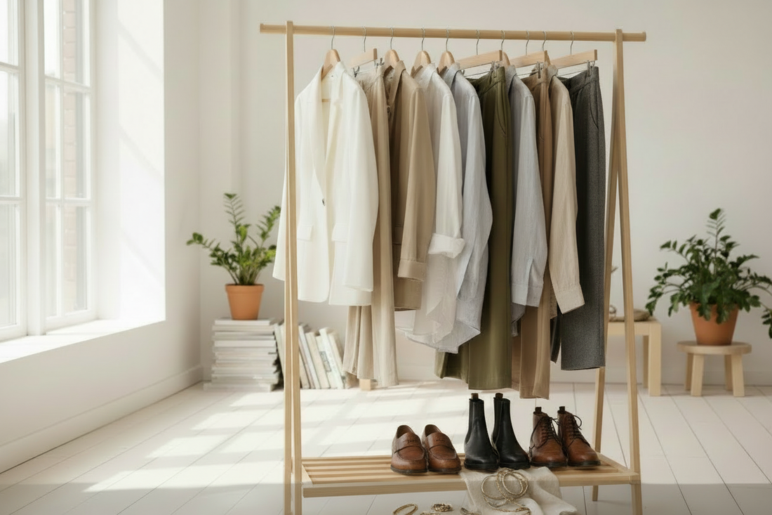 Complete curated preloved wardrobe with quality clothing, leather shoes, and vintage jewelry showcasing sustainable luxury fashion