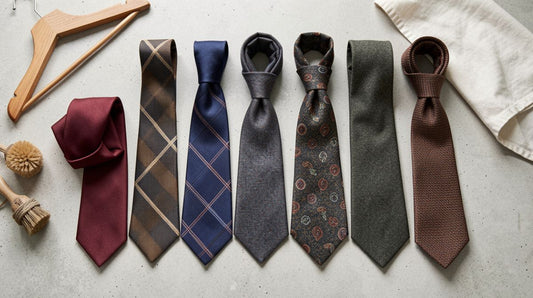 A flat lay of assorted thrifted vintage neckties in solid colors and patterned designs arranged neatly on a neutral surface with wooden hangers and accessories.