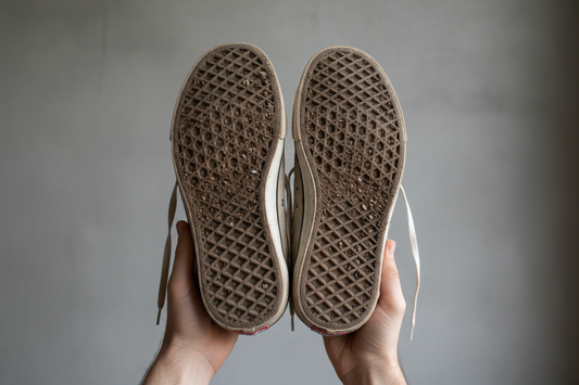 A pair of used sneakers held up to show the outsole in natural light for inspection
