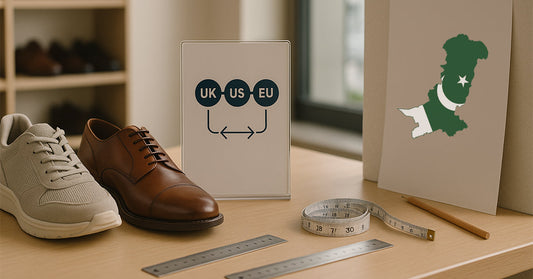 A pair of sneakers and leather shoes on a store counter with a UK–US–EU size conversion sign, measuring tools and Pakistan map illustration.