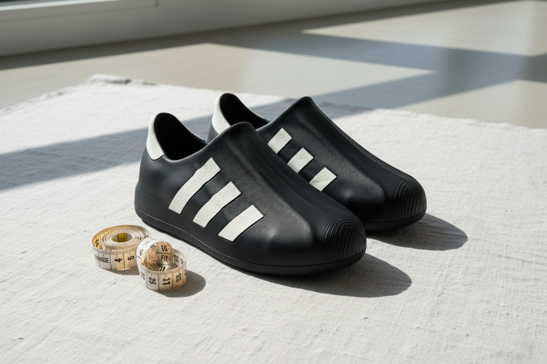 Adidas Adifom Superstar shoes with measuring tape on grey surface — wide feet shoe sizing guide