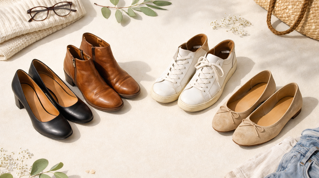 Clean lifestyle flat-lay of women’s thrifted shoes including leather block heels, ballet flats, white sneakers, and brown ankle boots arranged on a neutral background in natural light.