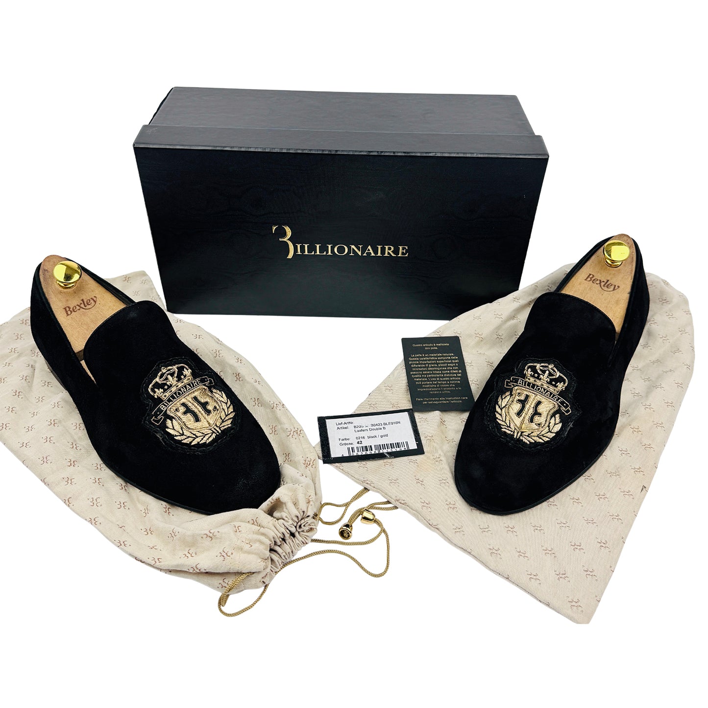 Billionaire Black Gold Velvet Embossed Logo Loafers (Size 42.5/43)