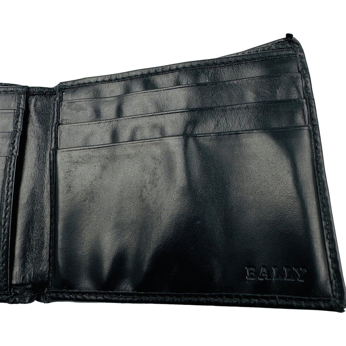 Bally Black Leather Bi-Fold Metal B Corner Wallet