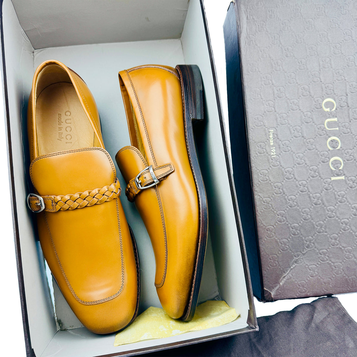 Gucci Cognac Brown Buckle Strap Leather Loafers (Size 43)
