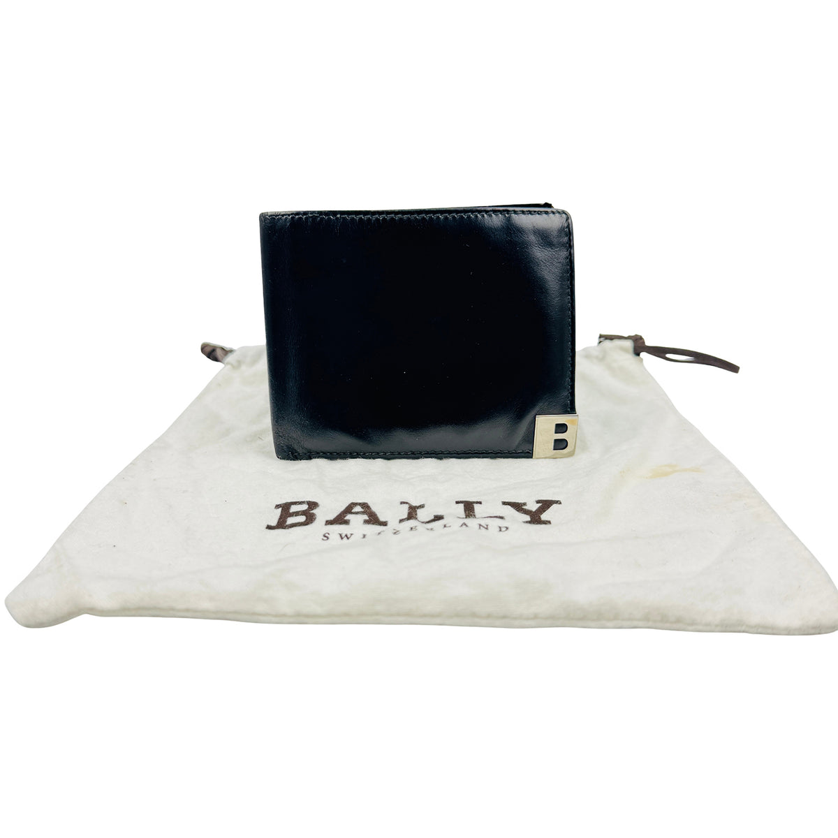 Bally Black Leather Bi-Fold Metal B Corner Wallet