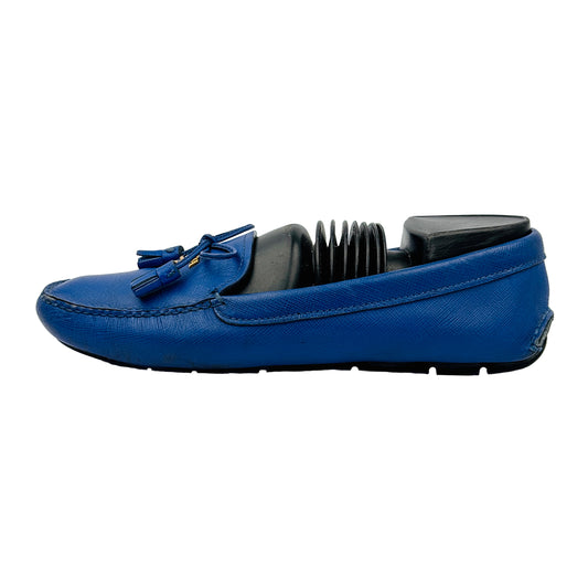 Prada Saffiano Tassel Bow Blue Leather Loafers (Size 38.5)
