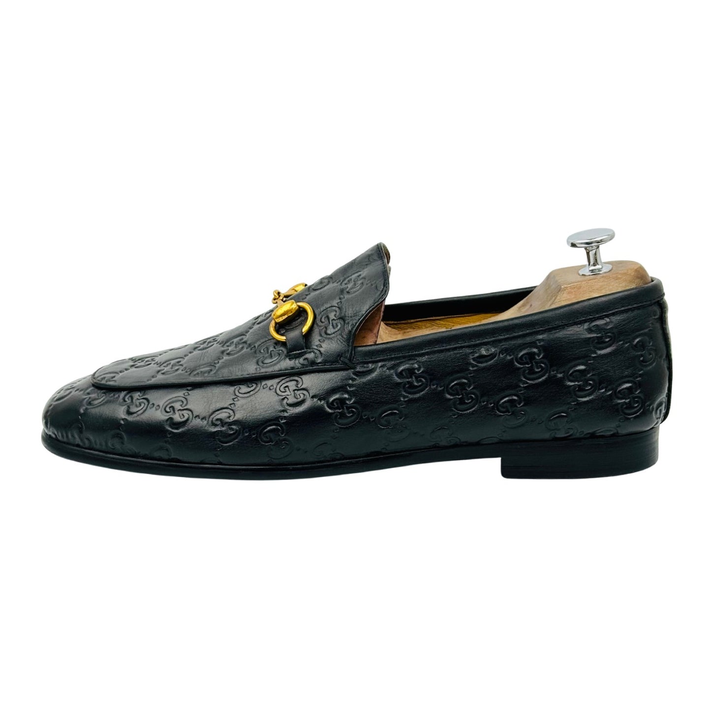 Gucci Jordaan Black Leather GG Embossed Loafers (Size 45)