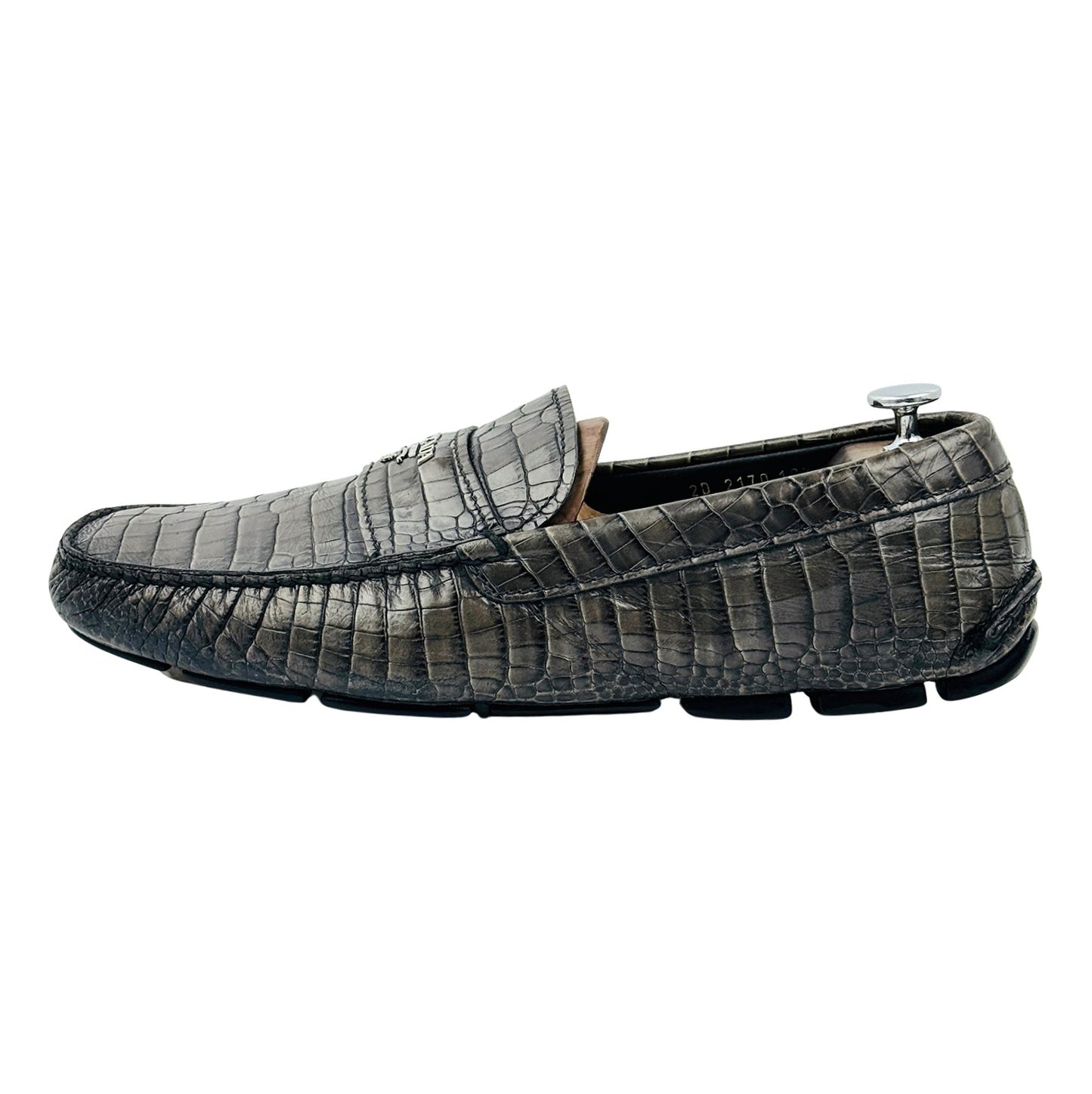 Prada Crocodile-Embossed Leather Driving Loafers (Size 45)