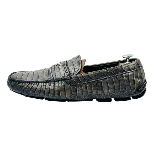 Prada Crocodile-Embossed Leather Driving Loafers (Size 45)