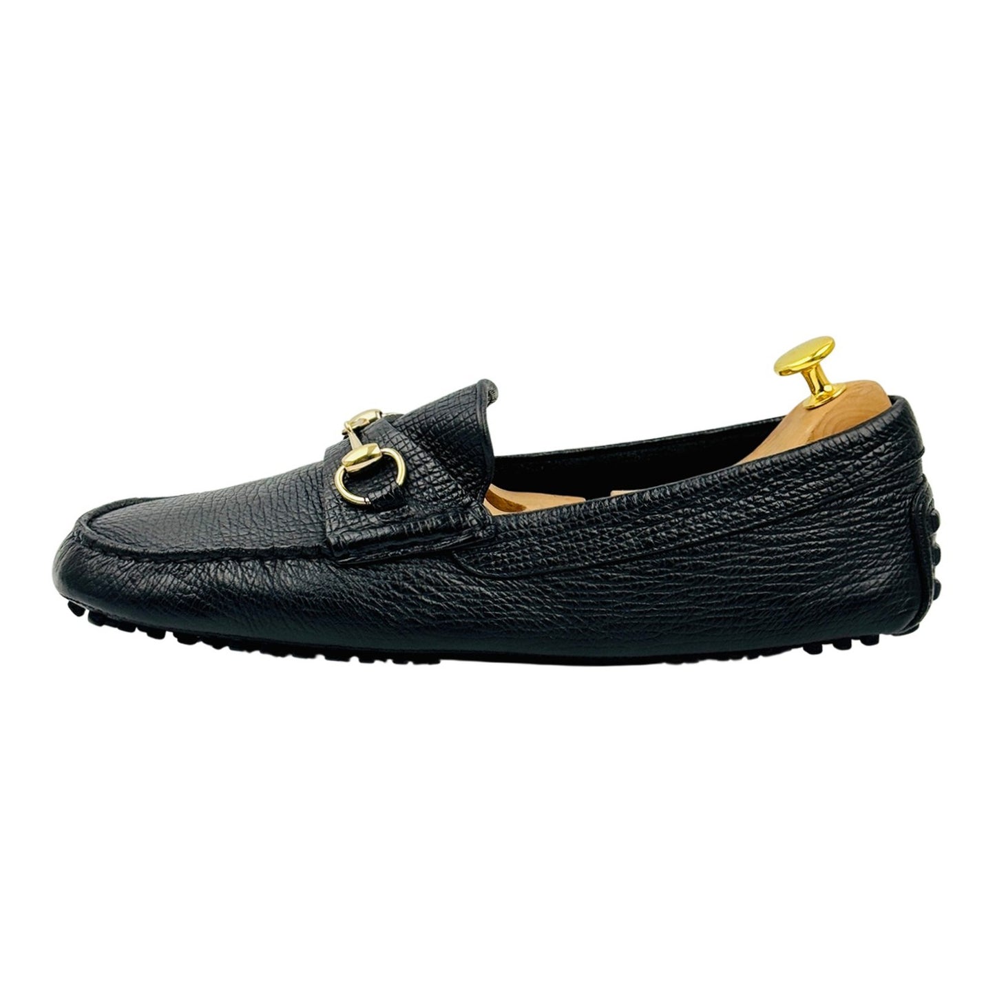 Gucci Men's Black Pebbled Leather Horsebit Driving Loafers (Size 43)