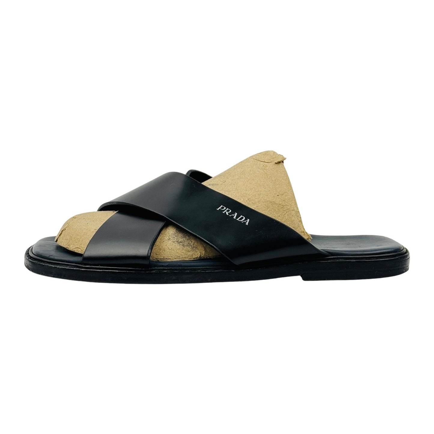 Prada Black Leather Cross Strap Sandal Slides (Size 43/43.5)