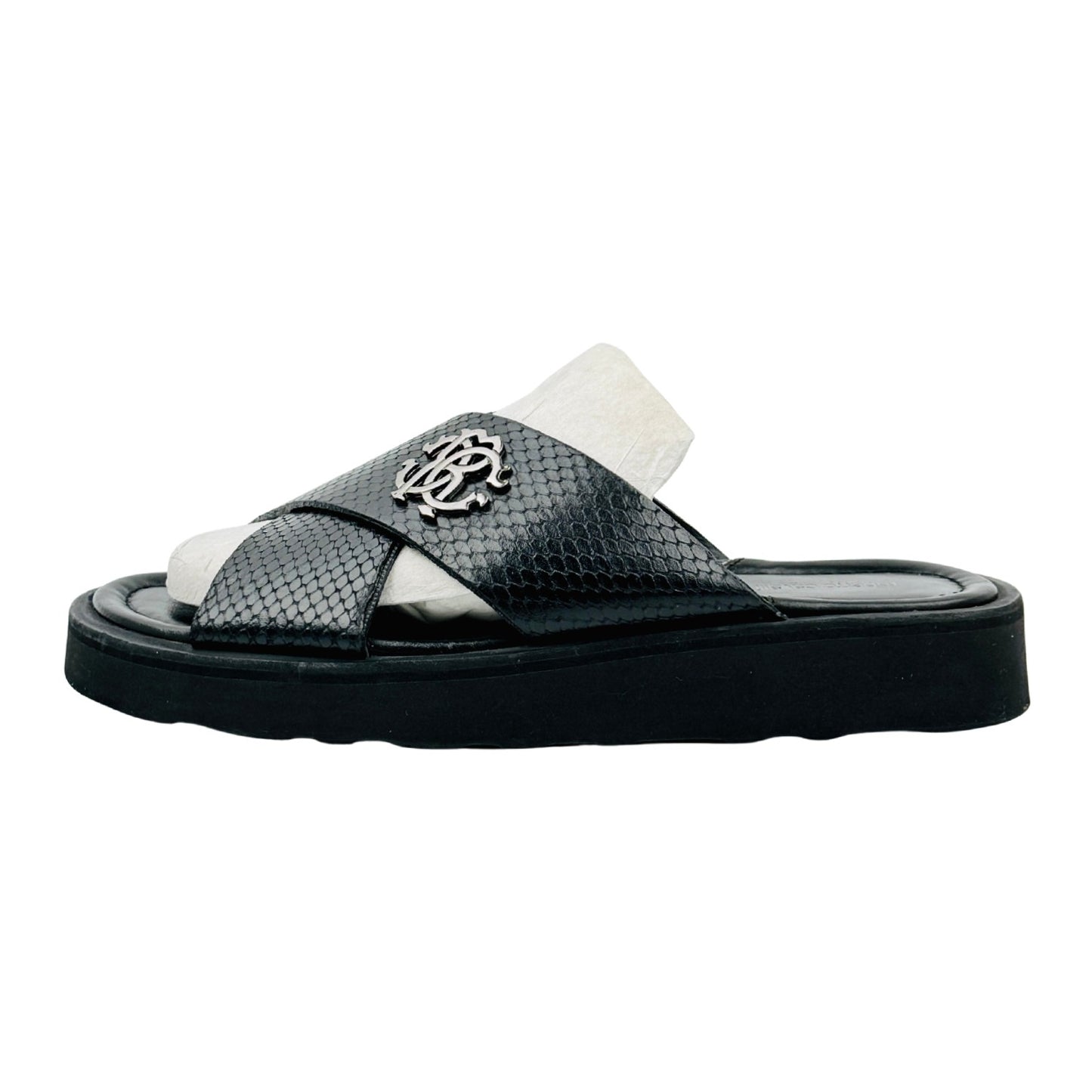 Roberto Cavalli Snake Effect Black Leather Slides (Size 41)