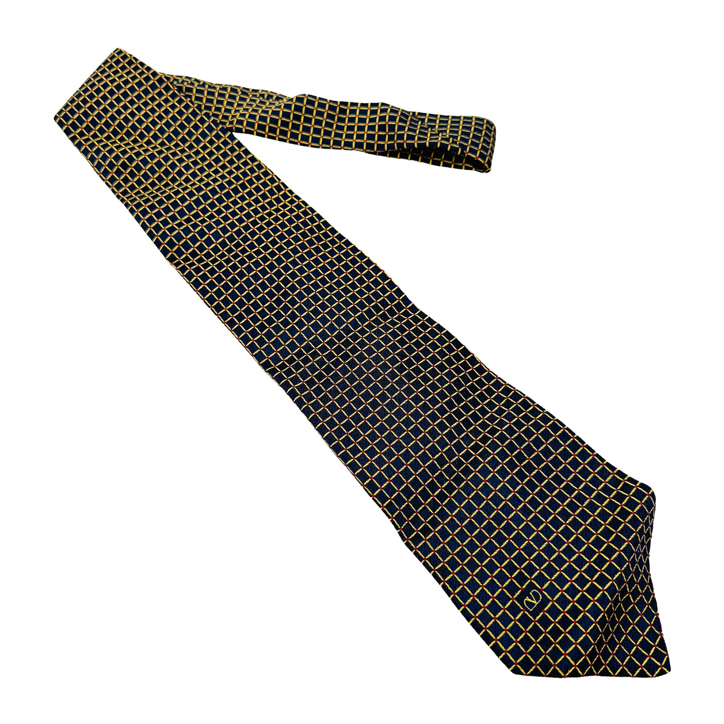Valentino Navy Blue 'Yellow Grid Pattern' Silk Tie (Size Regular)
