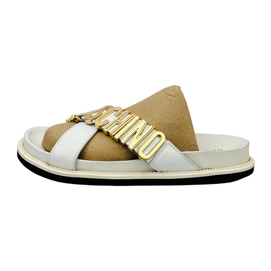 Moschino Lettering Logo Charm Leather White Slides (Size 41/42)