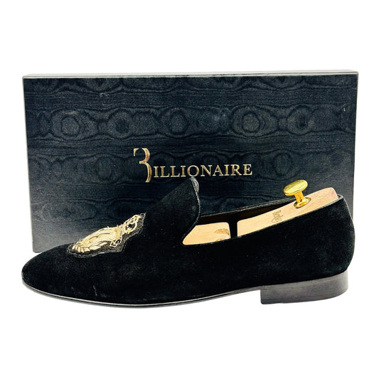 Billionaire Black Gold Velvet Embossed Logo Loafers (Size 42.5/43)