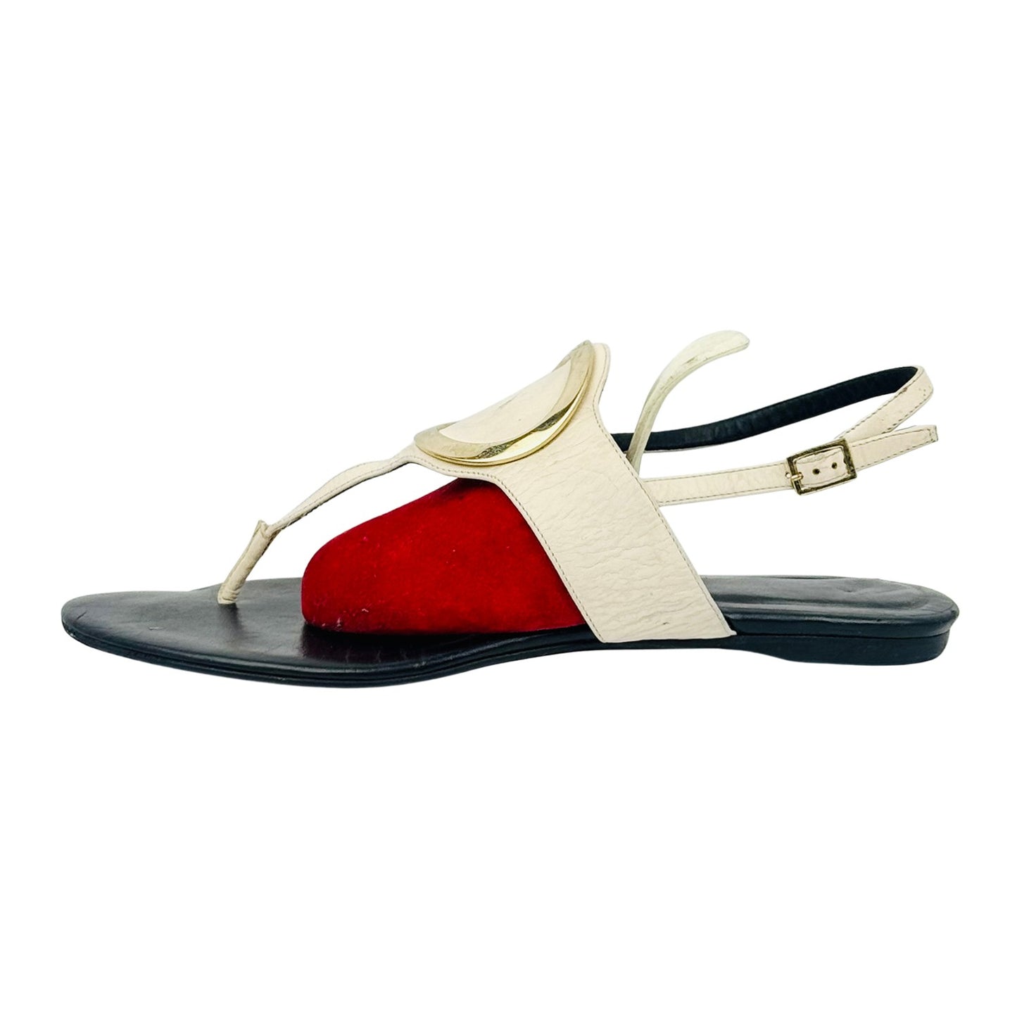 Roger Vivier Off-White Black T-bar Flat Sandals (Size 38.5)