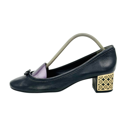 Tory Burch Black Leather Block-Heel Pumps (Size 37.5)