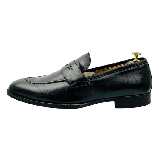 Scarpe di Bianco Black Leather Penny Loafers (Size 43.5)