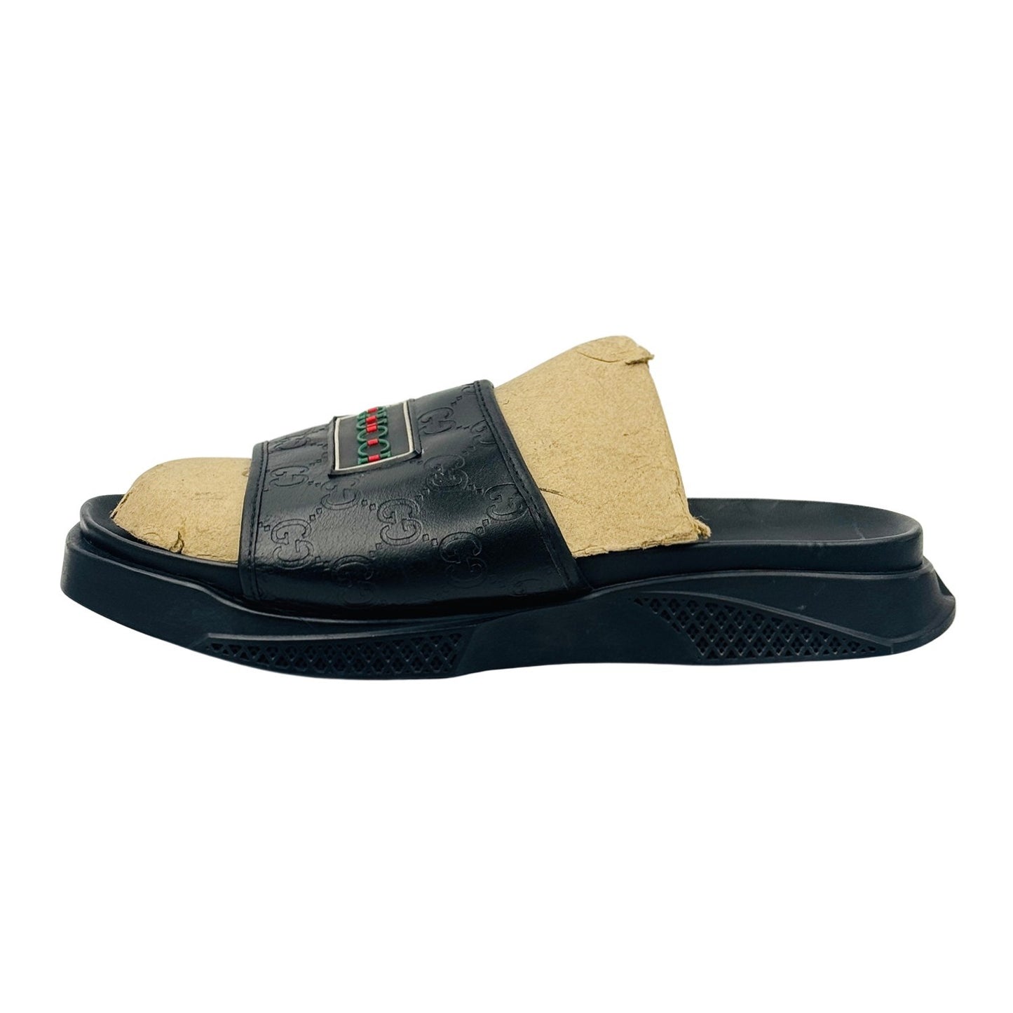 Gucci Men's Logo Embossed Black Leather Slides (Size 42.5)