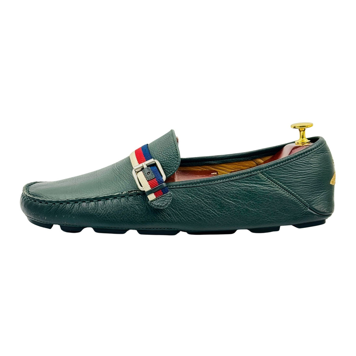 Gucci Forest Green Web Buckle 'Embroidered Bee' Loafers (Size 45)