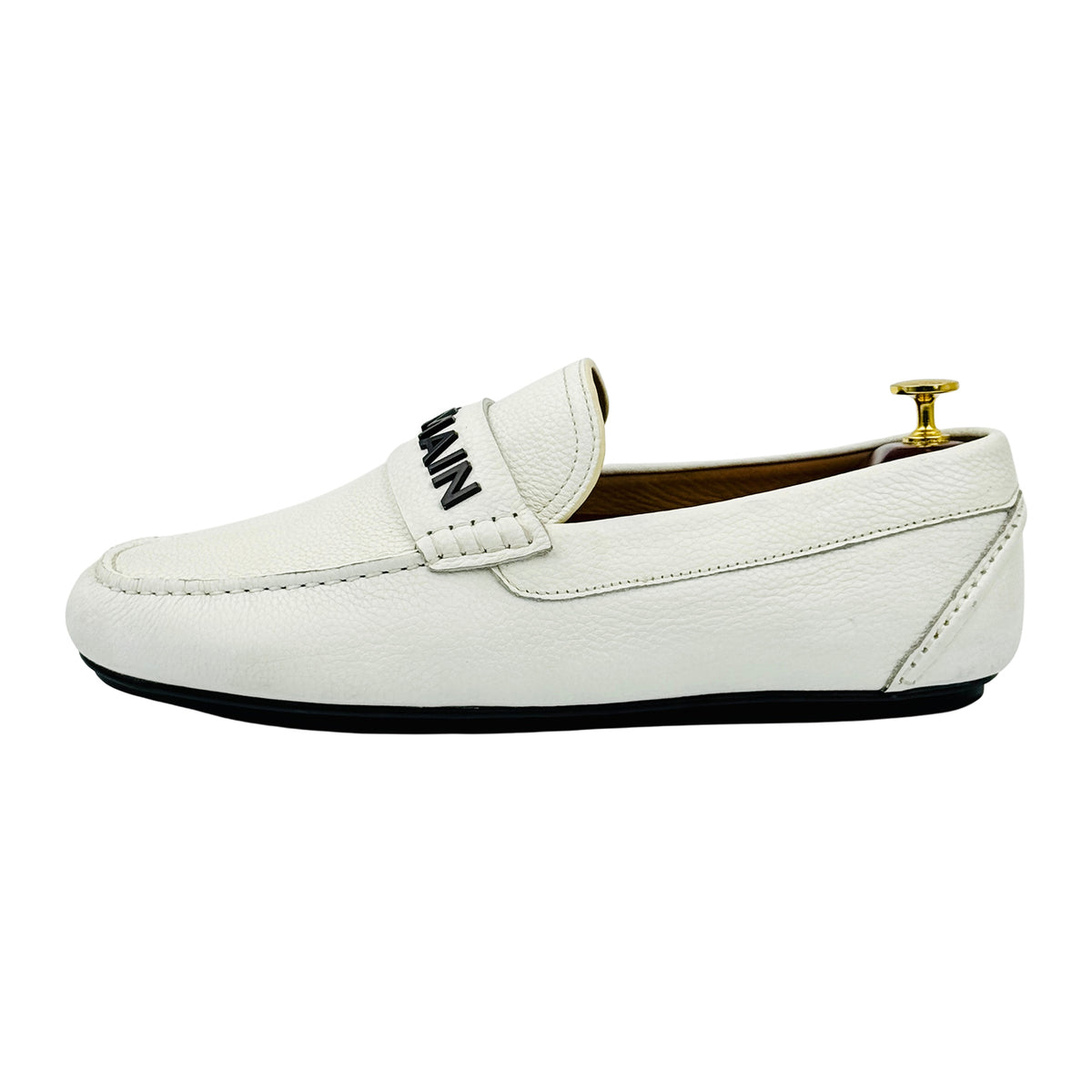 Balmain Pebbled Leather White Driving Loafers (Size 45)