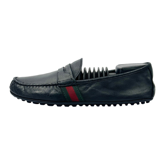 Gucci Men's Black Leather Web Loafers (Size 43.5) - 407411
