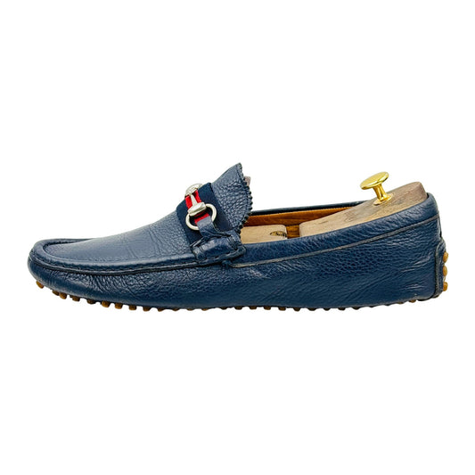Gucci Men's Navy Blue Pebbled Leather Horsebit Loafers (Size 43)